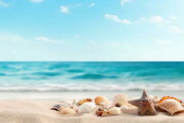 Obraz na płótnie Canvas Sand, Summer beach and shell with blurred blue sea and sky,mockup style, summer vacation background concept