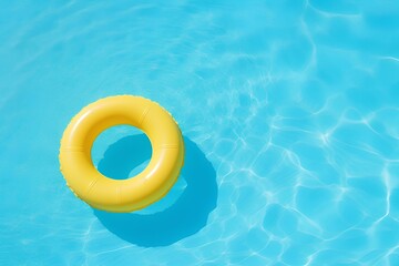 Fototapeta premium yellow swimming pool ring float in blue water. concept summer background, top view with copyspace