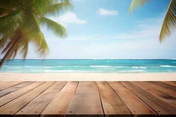 wood table, tropical beach background. mockup style, summer vacation background concept