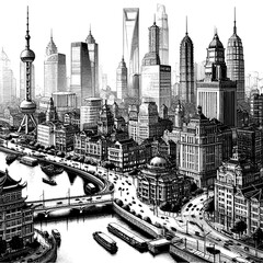 shanghai city view - sketch illustration (black - artwork 1)