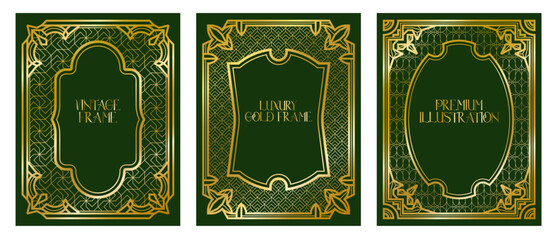 Art Deco gold frame, vintage frame, decorative frames, line geometric luxury frames wedding banner label card geometric background vector illustration