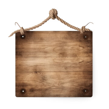 Wooden sign with ropes, set against a clean white background, on isolate transparency background, PNG