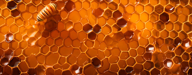 Close-up banner of a honeycomb structure filled with honey, Nature's Precision Engineering