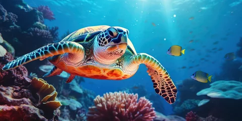 Keuken spatwand met foto Sea Turtle and Coral Reefs © sitifatimah