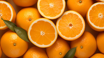 A vibrant collection of fresh oranges, halved and whole - obrazy, fototapety, plakaty