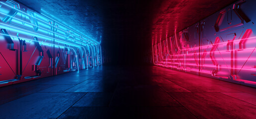 Sci Fi Futuristic Cyber Stage Vibrant Purple Blue Wall Beams Neon Lasers On Dark Showroom Parking Tunnel Corridor Warehouse Garage Hangar Alien Spaceship Grunge Concrete Realistic 3D Rendering