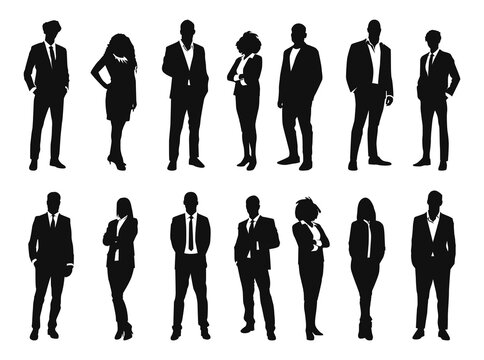 Business people group silhouettes pose on white background.