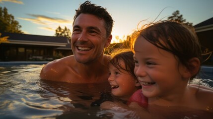 Father and Kids in Pool Photograph