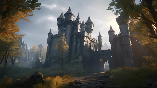 An old abandoned castle its towers stretching to the sky hiding soing sinister behind its walls.