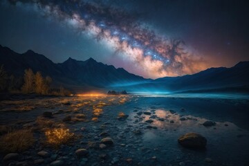Night sky universe filled with stars, nebula, galaxy, astronomy, solar system, milky way, beautiful landscape, horizon generative ai