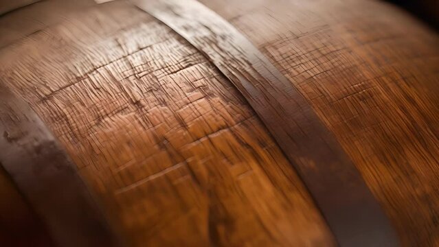 A closeup of a wooden barrel used for aging and flavoring beer, showcasing the intricate wood grain and the small pores that allow the beer to breathe and absorb flavors from the wood.