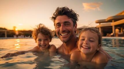 Photograph of Father and Children Poolside