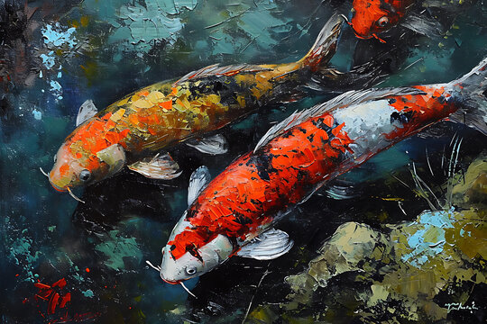 Beautiful Artistic image of a flock of koi fish. collection of canvas art animal paintings, in watercolor style. generative ai 
