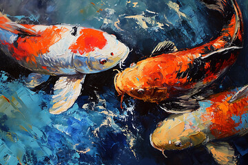 Beautiful Artistic image of a flock of koi fish. collection of canvas art animal paintings, in...