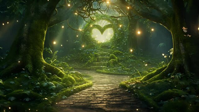 Step into an enchanted forest, where the trees seem to sparkle with otherworldly energy and the ground is carpeted with heartshaped leaves.