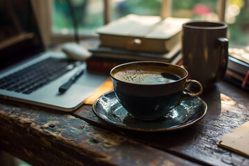 Una taza negra con café y espuma junto a unos libros  - obrazy, fototapety, plakaty