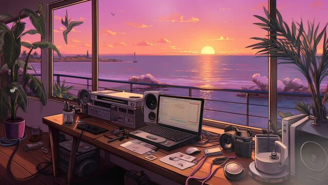 Lofi background music, Nostalgic radio city at sunset. Seamless looping animation. Generative AI