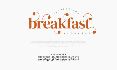 Breakfast premium luxury elegant alphabet letters and numbers. Elegant wedding typography classic serif font decorative vintage retro. Creative vector illustration