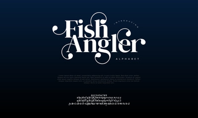 Fishangler premium luxury elegant alphabet letters and numbers. Elegant wedding typography classic serif font decorative vintage retro. Creative vector illustration