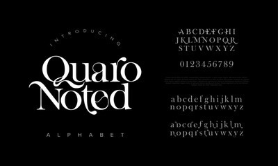 Quaronoted premium luxury elegant alphabet letters and numbers. Elegant wedding typography classic serif font decorative vintage retro. Creative vector illustration - obrazy, fototapety, plakaty