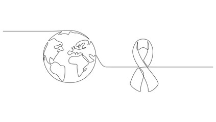 world cancer day, Cancer Awareness Concept one line art Ribbon, celebrating the lives of brave warriors and world globe earth planet