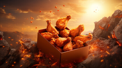 a sizzling chicken classic meal suspended in mid-air, boneless wings and succulent chicken breast pieces box - obrazy, fototapety, plakaty