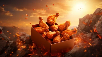 Fotobehang a sizzling chicken classic meal suspended in mid-air, boneless wings and succulent chicken breast pieces box © Tahsin