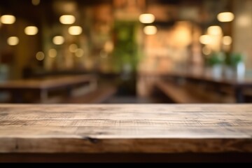 Naklejka na ściany i meble The empty wooden table top with blur background of indoor vintage cafe. Exuberant image. generative AI