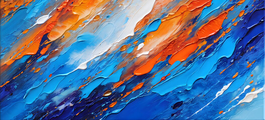 Closeup of abstract rough colorful blue orange multicolored art painting texture, with oil or acrylic brushstroke, pallet knife paint on canvas - obrazy, fototapety, plakaty