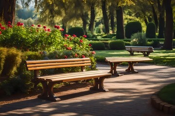 Two wooden benches in a beautiful park garden