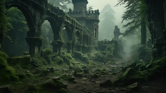 An abandoned castle in a dense forest fading away into a mysterious mist that takes away the last of its eerie remains.