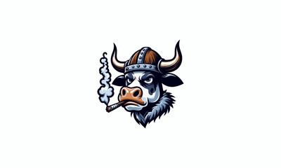 head bull wearing viking hat and smoking vector mascot design