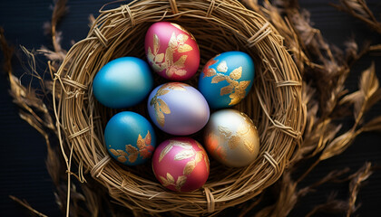 top view of easter eggs on a wicker basket