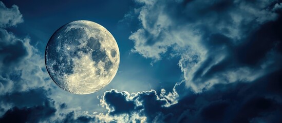 Nearly full moon in a dark blue sky.