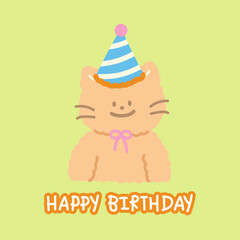 A cat with pink ribbon and party hat for happy birthday card, print, cartoon character, comic, mascot, background, animal, vet, wallpaper, banner, backdrop, template, gift wrap, packaging, logo, icon