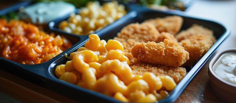 TV dinner featuring chicken nuggets, corn, and mac and cheese.