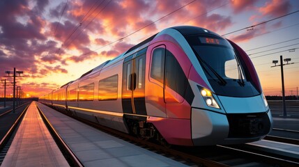 high speed commuter train on the railway station and colorful sky with clouds - obrazy, fototapety, plakaty