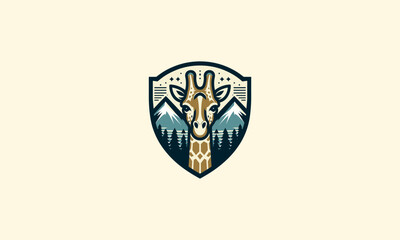 head giraffe on mountain with shield vector logo design