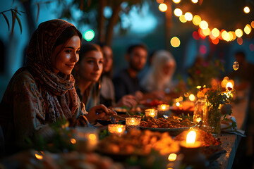 Obraz na płótnie Canvas Arab Muslim women gather together during Ramadan with delicious dishes on the table. Iftar Dinner