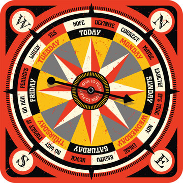 Vintage style game board with spinning arrow. Ask a question, spin and get an answer. Vector illustration for websites, games, print artwork.