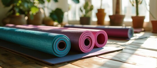 varied yoga mats placed on the table - obrazy, fototapety, plakaty