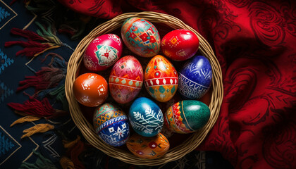top view of easter eggs on a wicker basket - obrazy, fototapety, plakaty