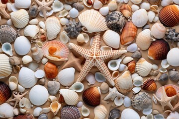 A collection of seashells scattered on the sand