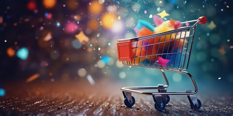 Shopping cart filled to the brim with items and presents, in the spirit of Black Friday.
