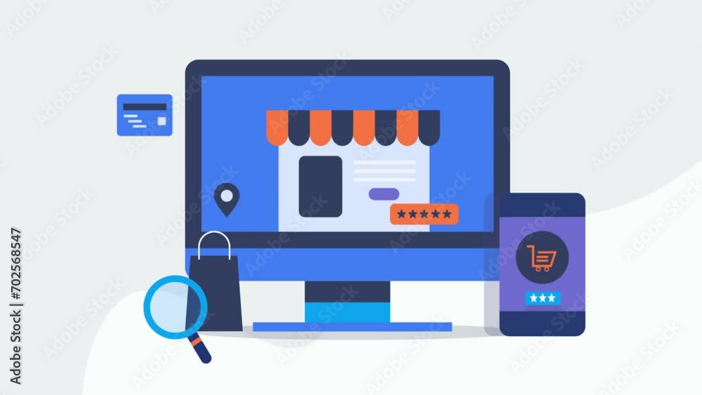 Wall mural ecommerce business solution online web store and mobile shopping application conceptual video animat
