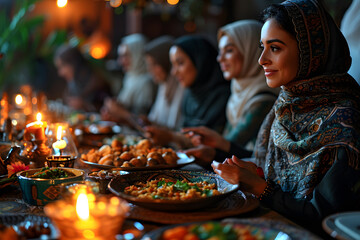 Arab Muslim women gather together during Ramadan with delicious dishes on the table. Iftar Dinner