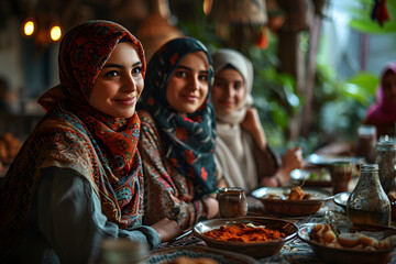 Arab Muslim women gather together during Ramadan with delicious dishes on the table. Iftar Dinner