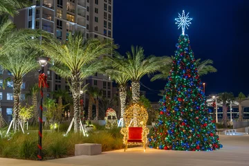 Photo sur Plexiglas Clearwater Beach, Floride Christmas Tree and palm trees. Clearwater Beach Florida. Fake, plastic or artificial classic blue spruce for Christmas celebration. Merry Christmas. Happy New Year. Holiday decorations or ornaments