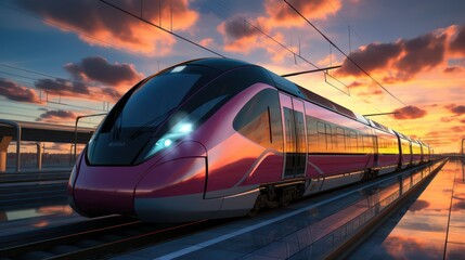 Naklejka premium high speed commuter train on the railway station and colorful sky with clouds