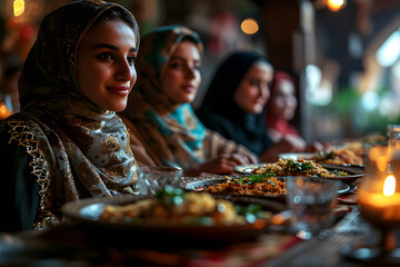 Fototapeta na wymiar Arab Muslim women gather together during Ramadan with delicious dishes on the table. Iftar Dinner